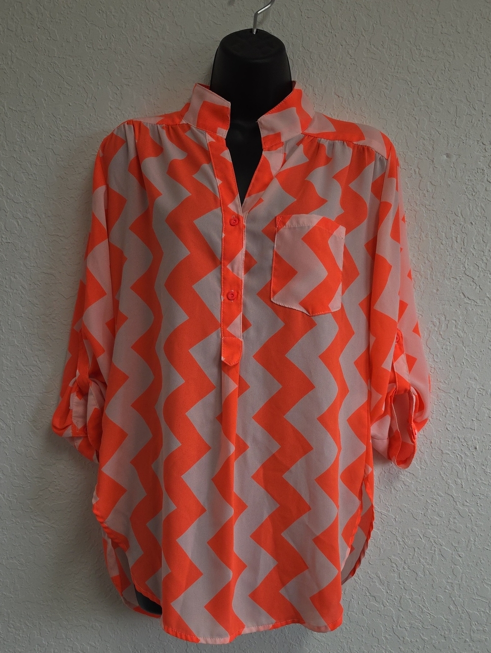 Xtaren Neon Pink and White Chevron Button-Front Blouse